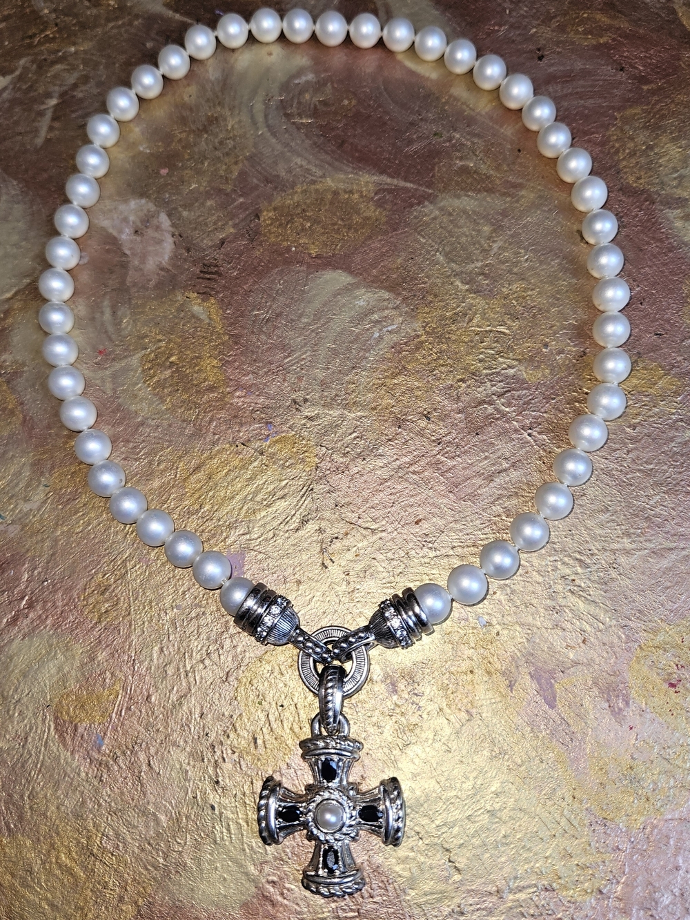 Judith Ripka Pearls Sterling Silver 925 Necklace with Cross  Enhancer Sapphires